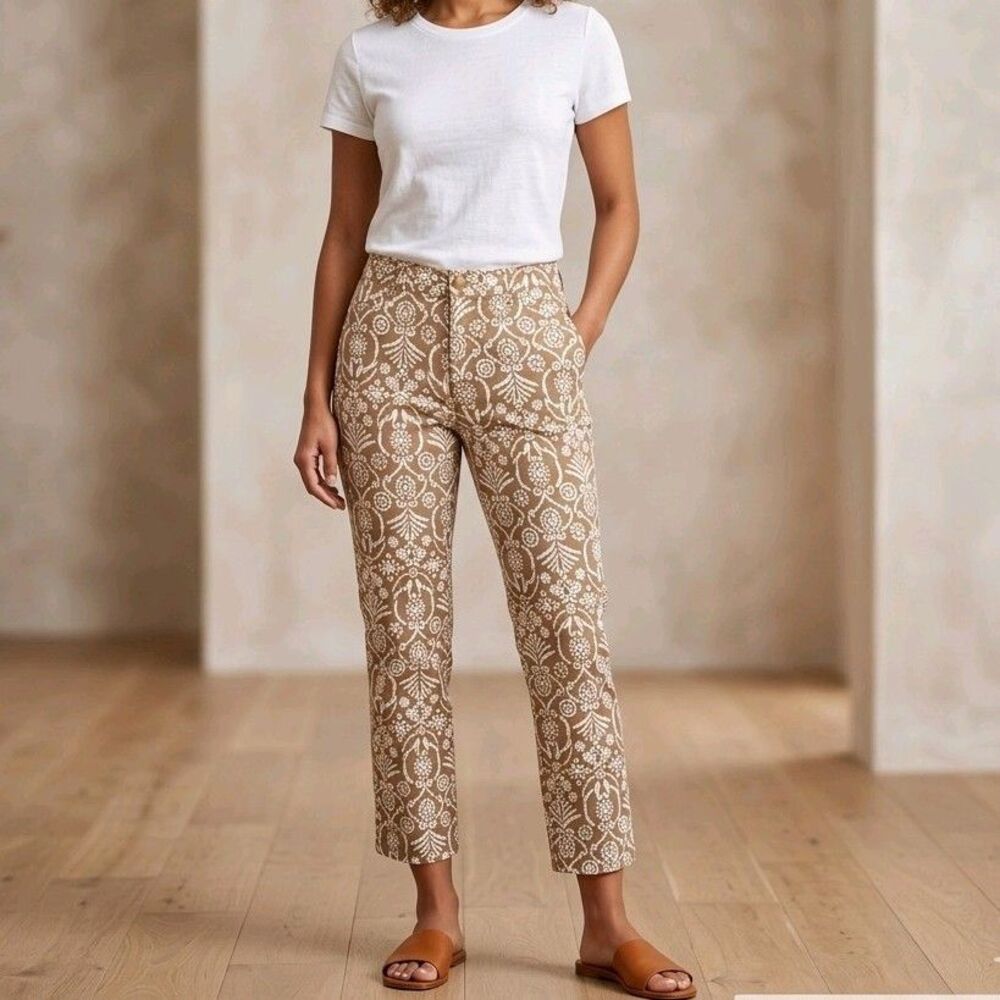 Liz Claiborne Ankle Jeans Sz 12 Jackie Straight Print Taupe Tan White Pockets
